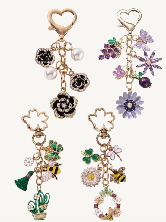 Shimmer and Shawls Accessories - Enamel and Gold Charm Keychain Bag Charm Floral Bee Butterfly Purse Charm